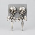 Gothic Creepy Doll Head Dangle Earrings, Antique Silver Elf Baby with Bow & Spike Charm, Dark Horror Punk Statement Earrings