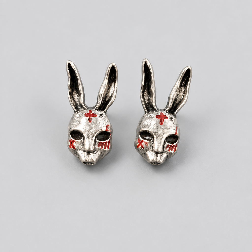 Gothic Bloody Cross Rabbit Mask Stud Earrings, Antique Silver Evil Bunny Head, Dark Horror Wonderland Handmade Statement Earrings