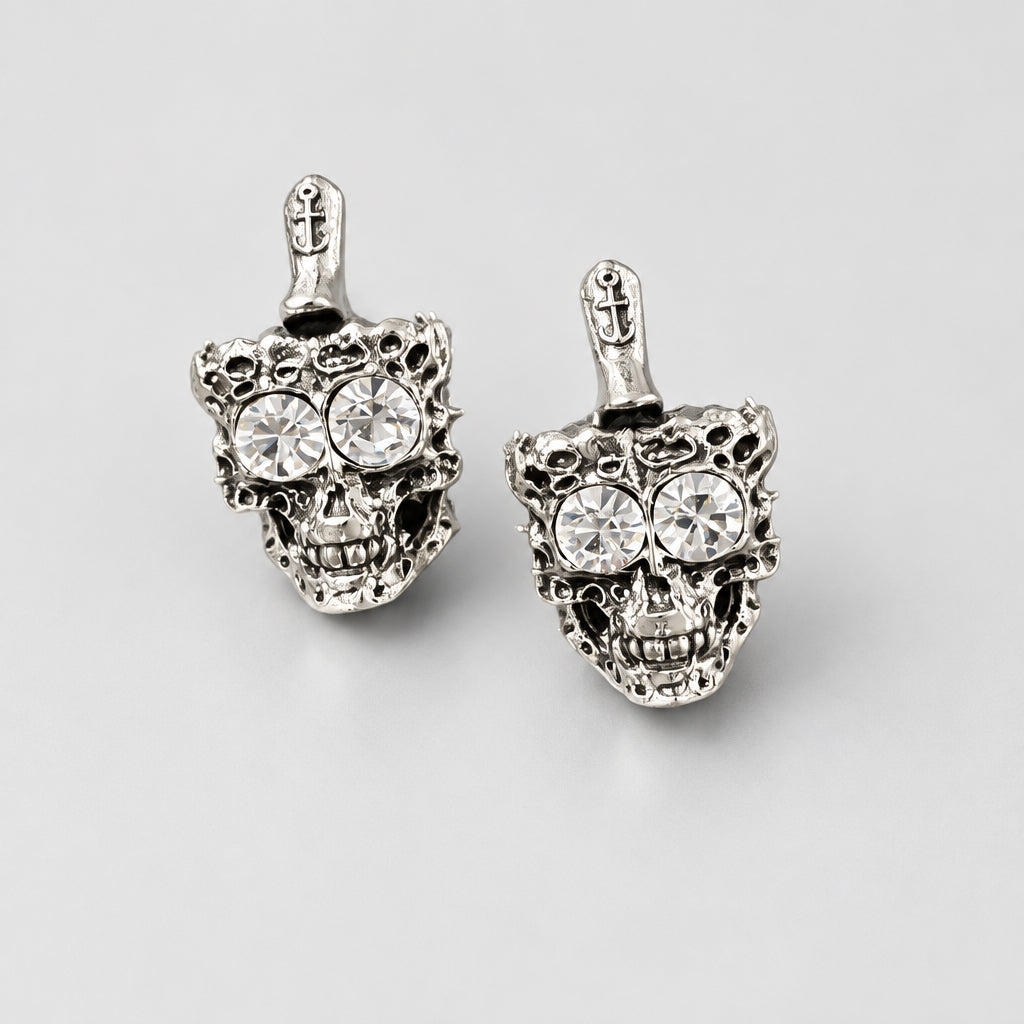 Gothic Hollow Skull Anchor Stud Earrings, Clear Crystal Eye Skeleton Earrings, Antique Silver Nautical Punk Statement Earrings