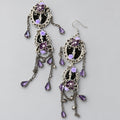 Gothic Purple Rose Tassel Dangle Earrings, Vintage Filigree Black Cameo with Teardrop Purple Crystals, Dark Victorian Long Statement Earrings