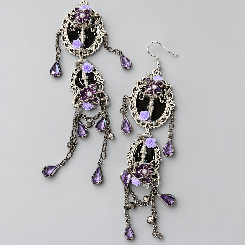 Gothic Purple Rose Tassel Dangle Earrings, Vintage Filigree Black Cameo with Teardrop Purple Crystals, Dark Victorian Long Statement Earrings