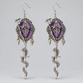 Gothic Purple Grim Reaper Dangle Earrings, Vintage Frame Death Skull with Snake Sword Pendant, Dark Occult Handmade Statement Earrings