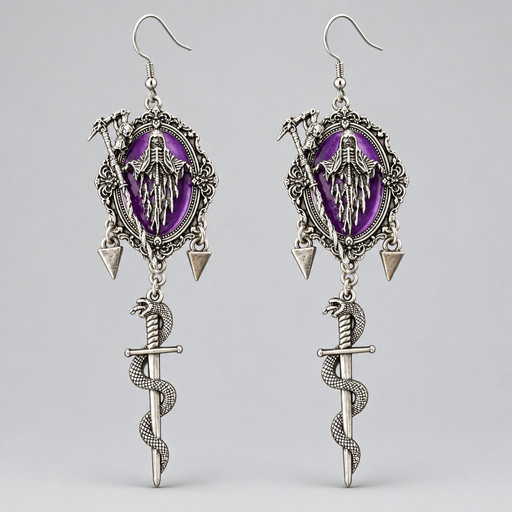 Gothic Purple Grim Reaper Dangle Earrings, Vintage Frame Death Skull with Snake Sword Pendant, Dark Occult Handmade Statement Earrings