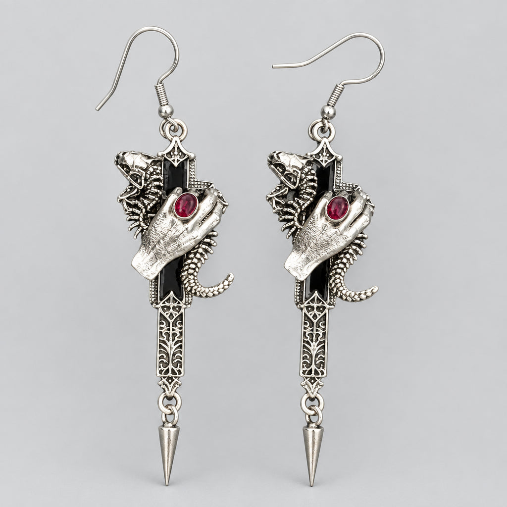 Gothic Snake Hand Dagger Dangle Earrings, Red Gem Skeleton Hand Spike Drop Earrings, Dark Witchy Handmade Statement Jewelry