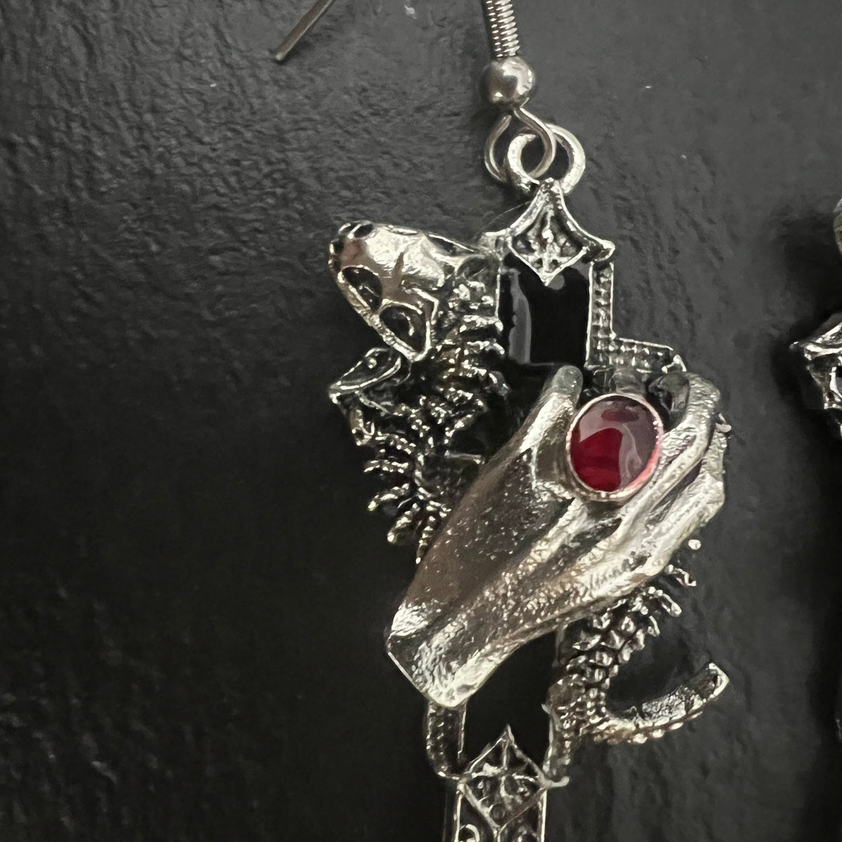 Gothic Snake Hand Dagger Dangle Earrings, Red Gem Skeleton Hand Spike Drop Earrings, Dark Witchy Handmade Statement Jewelry