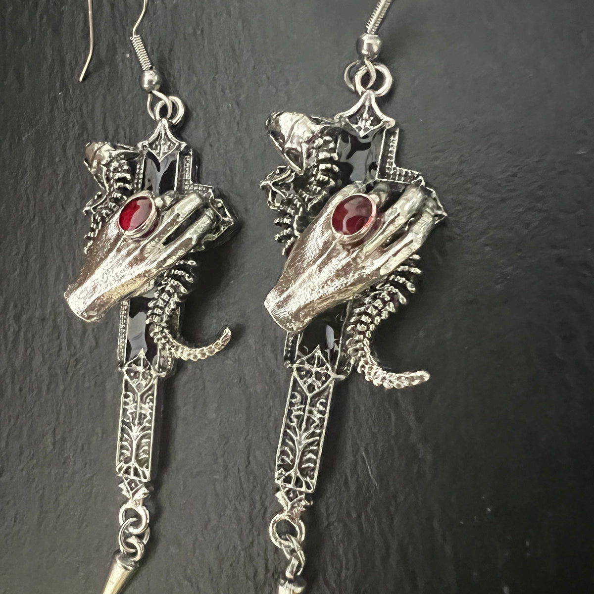 Gothic Snake Hand Dagger Dangle Earrings, Red Gem Skeleton Hand Spike Drop Earrings, Dark Witchy Handmade Statement Jewelry