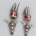 Gothic Dark Rabbit Wing Skull Dangle Earrings, Red Gem Evil Bunny Head, Antique Silver Filigree Long Statement Earrings