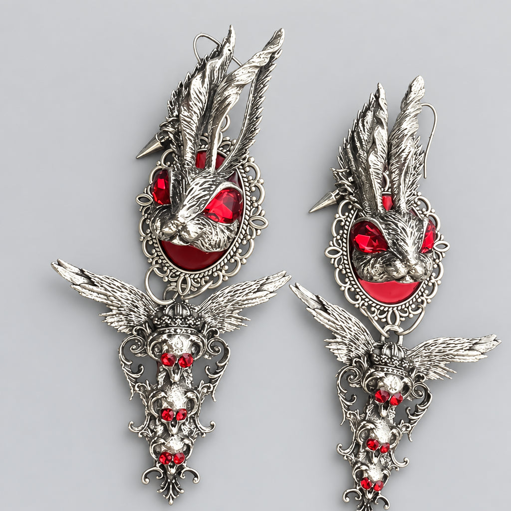 Gothic Dark Rabbit Wing Skull Dangle Earrings, Red Gem Evil Bunny Head, Antique Silver Filigree Long Statement Earrings