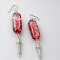 Gothic Red Liquid Capsule Dangle Earrings, Resin Pill Capsule with Red Skull Inside, Metal Syringe Charm, Dark Medical Horror Punk Statement Earrings