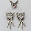 Gothic Winged Pelvis Dangle Earrings & Matching Wing Pelvis Ring Set, AB Crystal, Metal Spike Tassel, Dark Punk Occult Jewelry Set