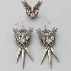 Gothic Winged Pelvis Dangle Earrings & Matching Wing Pelvis Ring Set, AB Crystal, Metal Spike Tassel, Dark Punk Occult Jewelry Set
