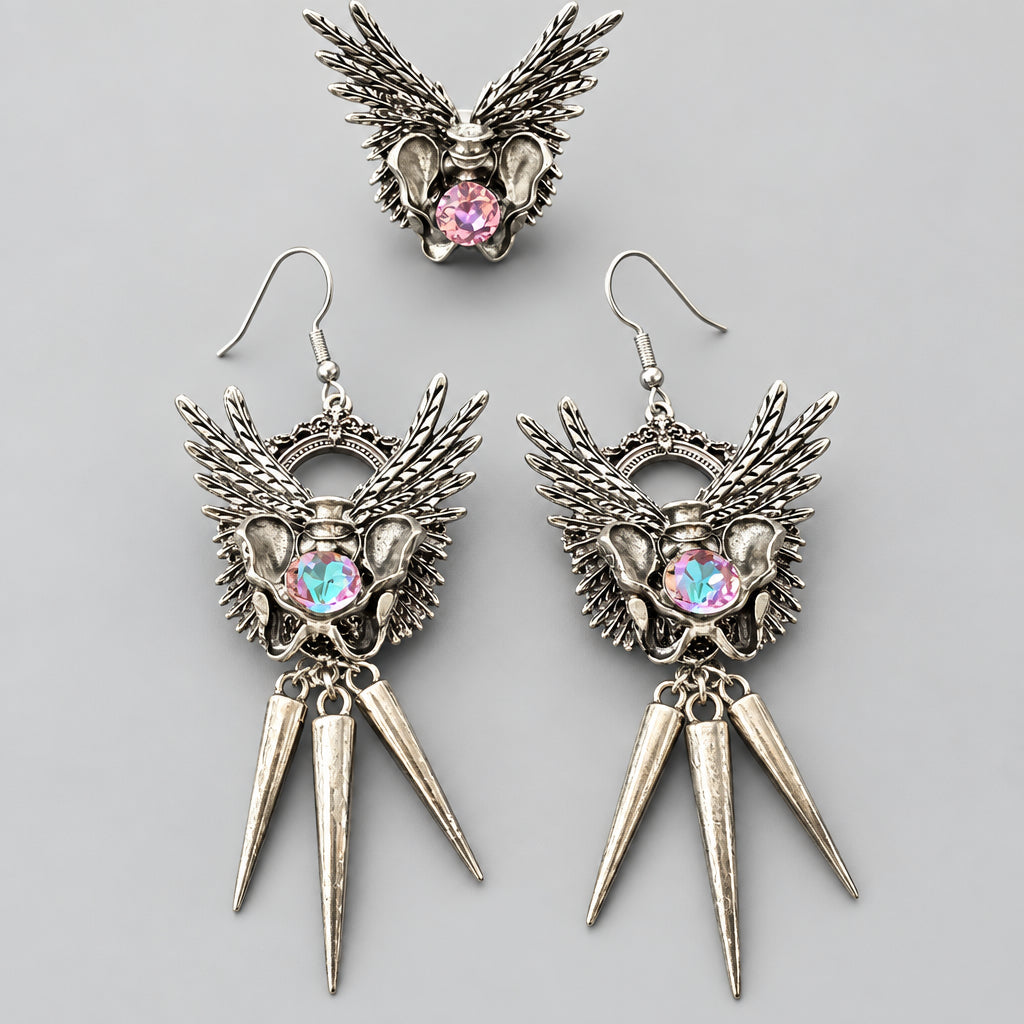 Gothic Winged Pelvis Dangle Earrings & Matching Wing Pelvis Ring Set, AB Crystal, Metal Spike Tassel, Dark Punk Occult Jewelry Set