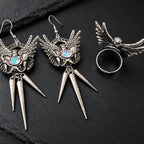 Gothic Winged Pelvis Dangle Earrings & Matching Wing Pelvis Ring Set, AB Crystal, Metal Spike Tassel, Dark Punk Occult Jewelry Set