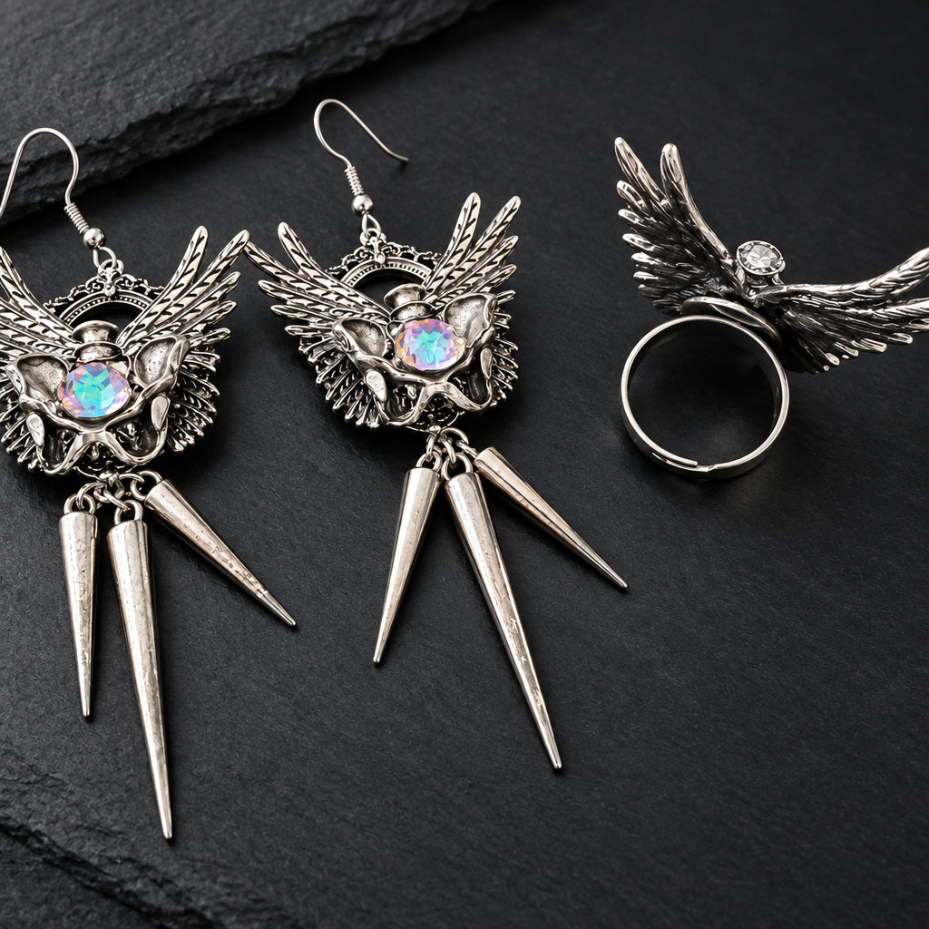 Gothic Winged Pelvis Dangle Earrings & Matching Wing Pelvis Ring Set, AB Crystal, Metal Spike Tassel, Dark Punk Occult Jewelry Set