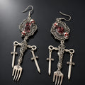Gothic Bloody Heart Skull Dangle Earrings, Ornate Frame Red Resin Heart & Twin Skulls, Vintage Fork and Sword Charms, Dark Macabre Punk Statement Earrings