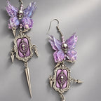Gothic Purple Fairy Wing Skull Dangle Earrings, Iridescent Glitter Butterfly Wings, Vintage Frame Skull Cameo & Metal Spike Tassel, Dark Fairy Punk Statement Earrings