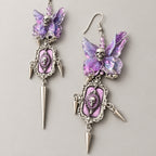 Gothic Purple Fairy Wing Skull Dangle Earrings, Iridescent Glitter Butterfly Wings, Vintage Frame Skull Cameo & Metal Spike Tassel, Dark Fairy Punk Statement Earrings
