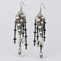 Gothic Skull Skeleton Key Dangle Earrings, Antique Silver Multi Skulls with Black Cross Charm Chain Tassel, Dark Punk Occult Long Statement Earrings