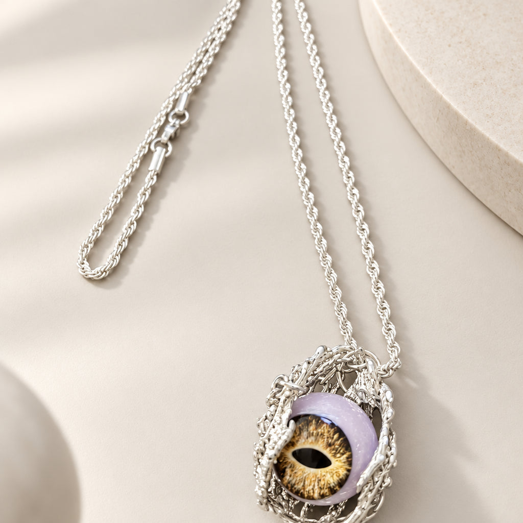 Gothic Wire Wrapped Evil Eye Pendant Necklace, Purple Human Eye Art Orb, Antique Silver Twisted Rope Chain, Occult Witchy Statement Necklace