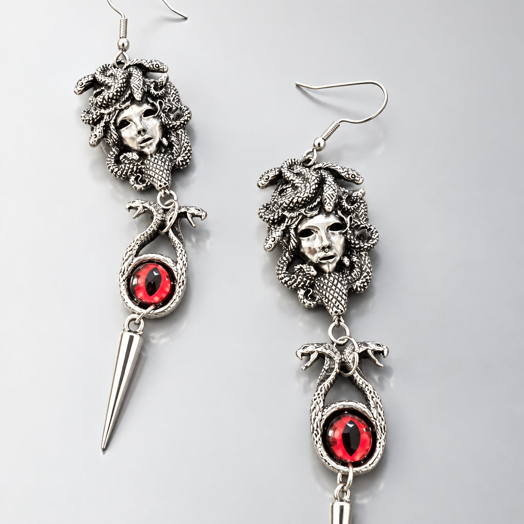 Gothic Medusa Head Dangle Earrings, Antique Silver Gorgon Snake Hair with Red Dragon Eye Crystal & Spike Charm, Dark Mythology Punk Statement Earrings