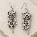 Gothic All Seeing Eye Ribcage Dangle Earrings, Antique Silver Skeleton Rib Cage with Crystal & Feather Charms, Occult Dark Punk Statement Earrings