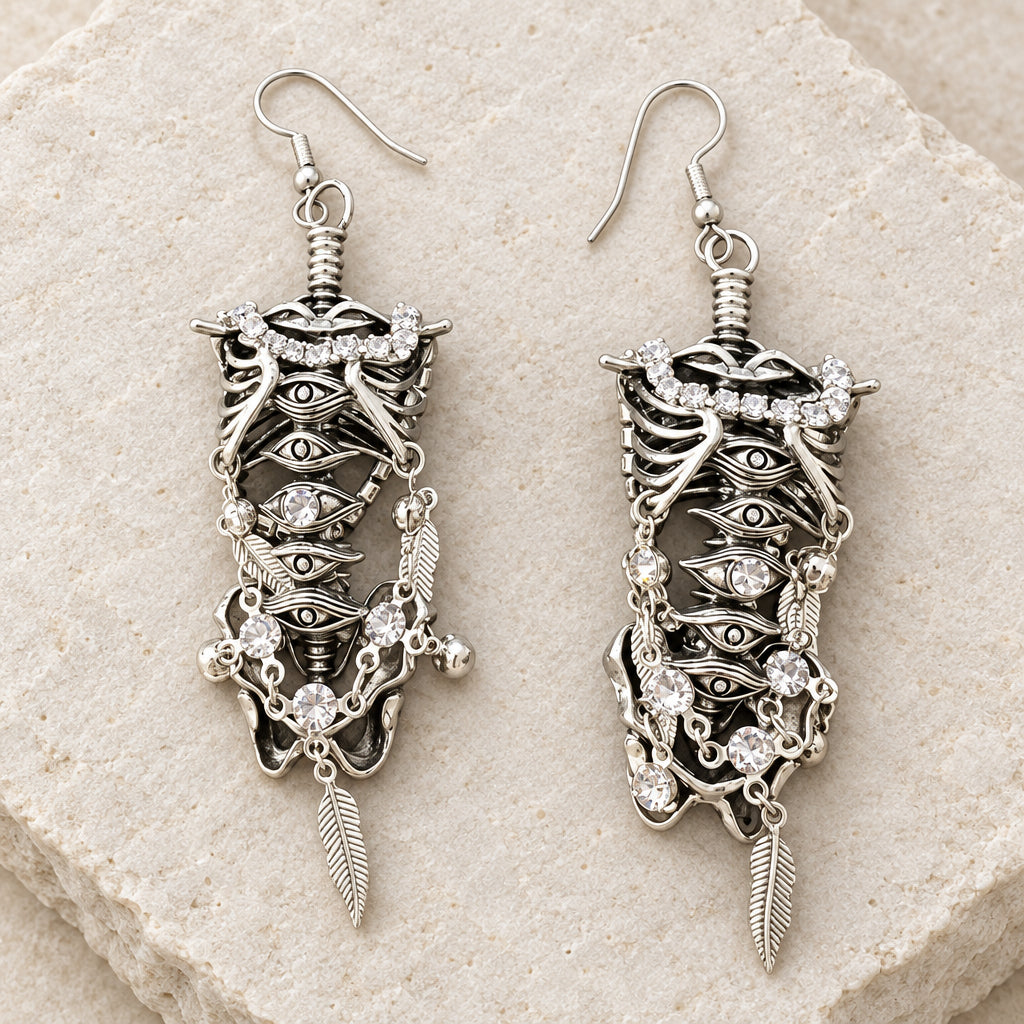 Gothic All Seeing Eye Ribcage Dangle Earrings, Antique Silver Skeleton Rib Cage with Crystal & Feather Charms, Occult Dark Punk Statement Earrings