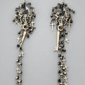 Gothic Demon Skeleton Long Tassel Dangle Earrings, Antique Silver Cross & Black Bead Chain Spike Drop Earrings, Occult Punk Statement Earrings