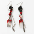 Gothic Bloody Fork Dangle Earrings, Broken Mask Black & Red Roses with Cross Leaf Chain, Dark Horror Punk Statement Earrings