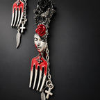 Gothic Bloody Fork Dangle Earrings, Broken Mask Black & Red Roses with Cross Leaf Chain, Dark Horror Punk Statement Earrings