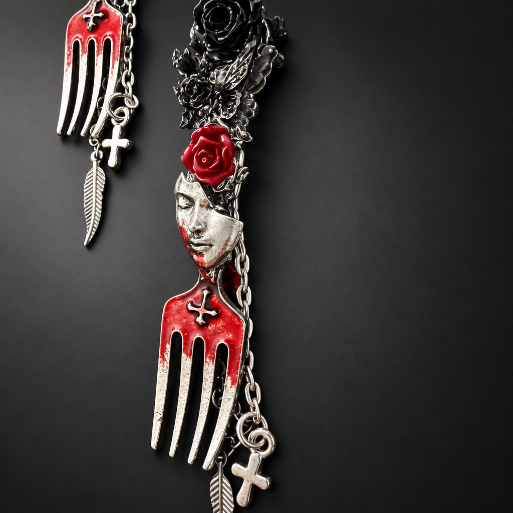 Gothic Bloody Fork Dangle Earrings, Broken Mask Black & Red Roses with Cross Leaf Chain, Dark Horror Punk Statement Earrings
