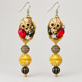 Gothic Baroque Skull Beaded Dangle Earrings, Vintage Gold Frame Skull with Ruby Red Crystals, Dark Ornate Long Drop Statement Earrings