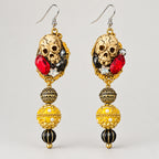 Gothic Baroque Skull Beaded Dangle Earrings, Vintage Gold Frame Skull with Ruby Red Crystals, Dark Ornate Long Drop Statement Earrings