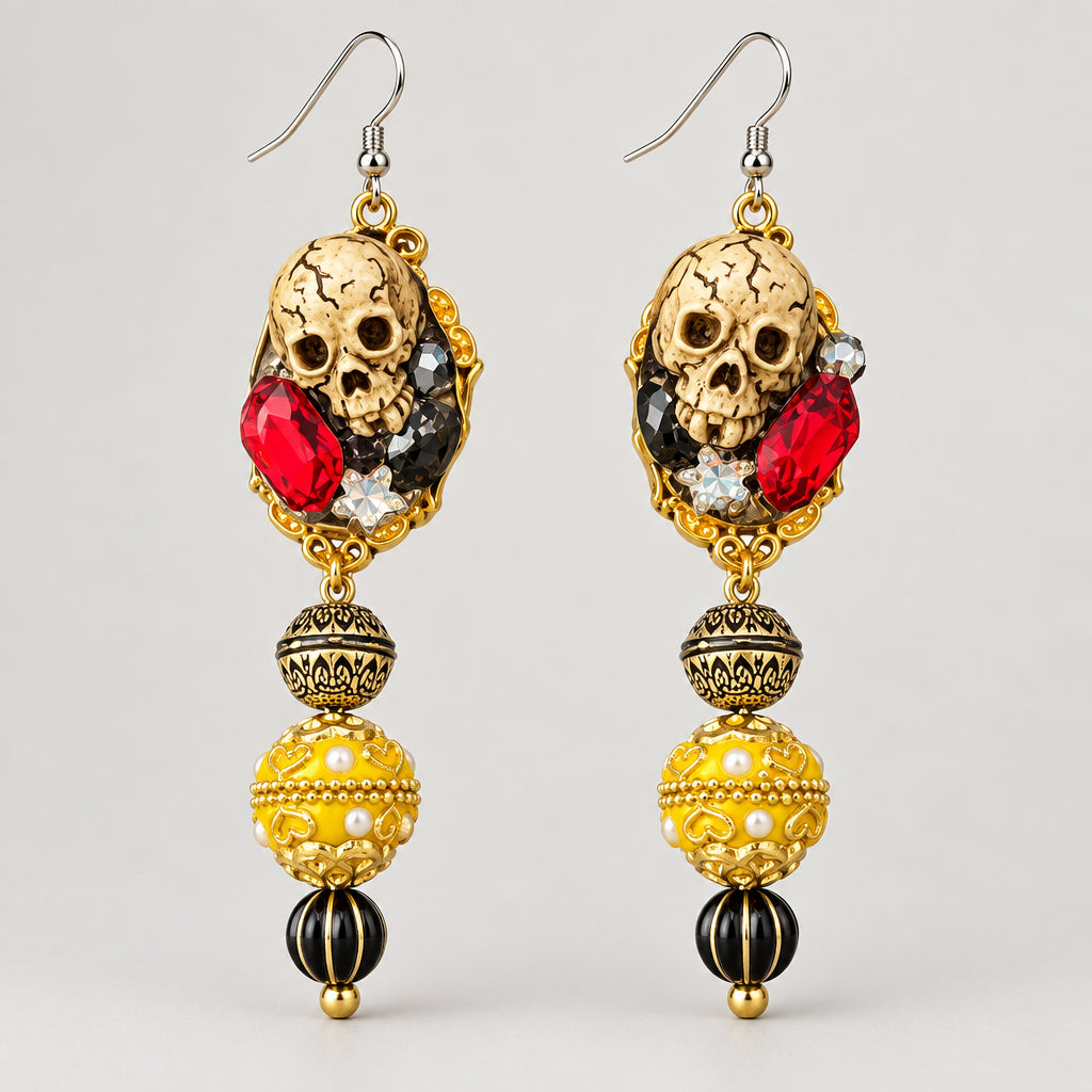 Gothic Baroque Skull Beaded Dangle Earrings, Vintage Gold Frame Skull with Ruby Red Crystals, Dark Ornate Long Drop Statement Earrings