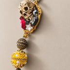 Gothic Baroque Skull Beaded Dangle Earrings, Vintage Gold Frame Skull with Ruby Red Crystals, Dark Ornate Long Drop Statement Earrings