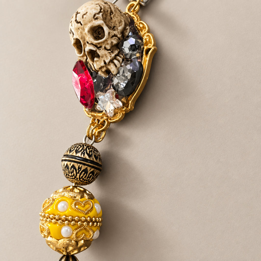Gothic Baroque Skull Beaded Dangle Earrings, Vintage Gold Frame Skull with Ruby Red Crystals, Dark Ornate Long Drop Statement Earrings
