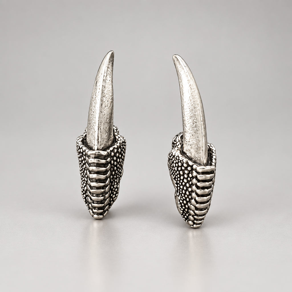 Gothic Claw Fang Stud Earrings, Antique Silver Reptile Serpent Tooth Earrings, Dark Punk Occult Beast Talon Statement Earrings