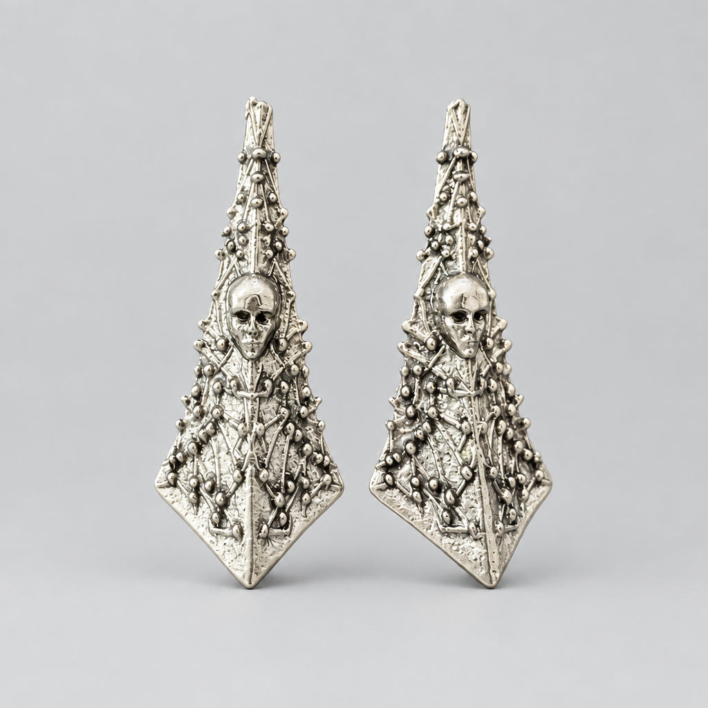 Gothic Geometric Skull Stud Earrings, Antique Silver Pyramid Skeleton Head, Dark Occult Handmade Statement Earrings