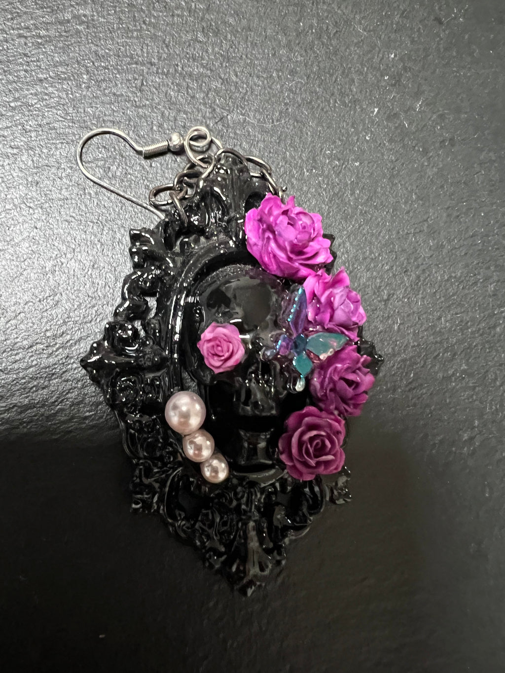 Gothic Baroque Frame Dangle Earrings | Skull Purple Rose Butterfly Pearl Statement Earrings