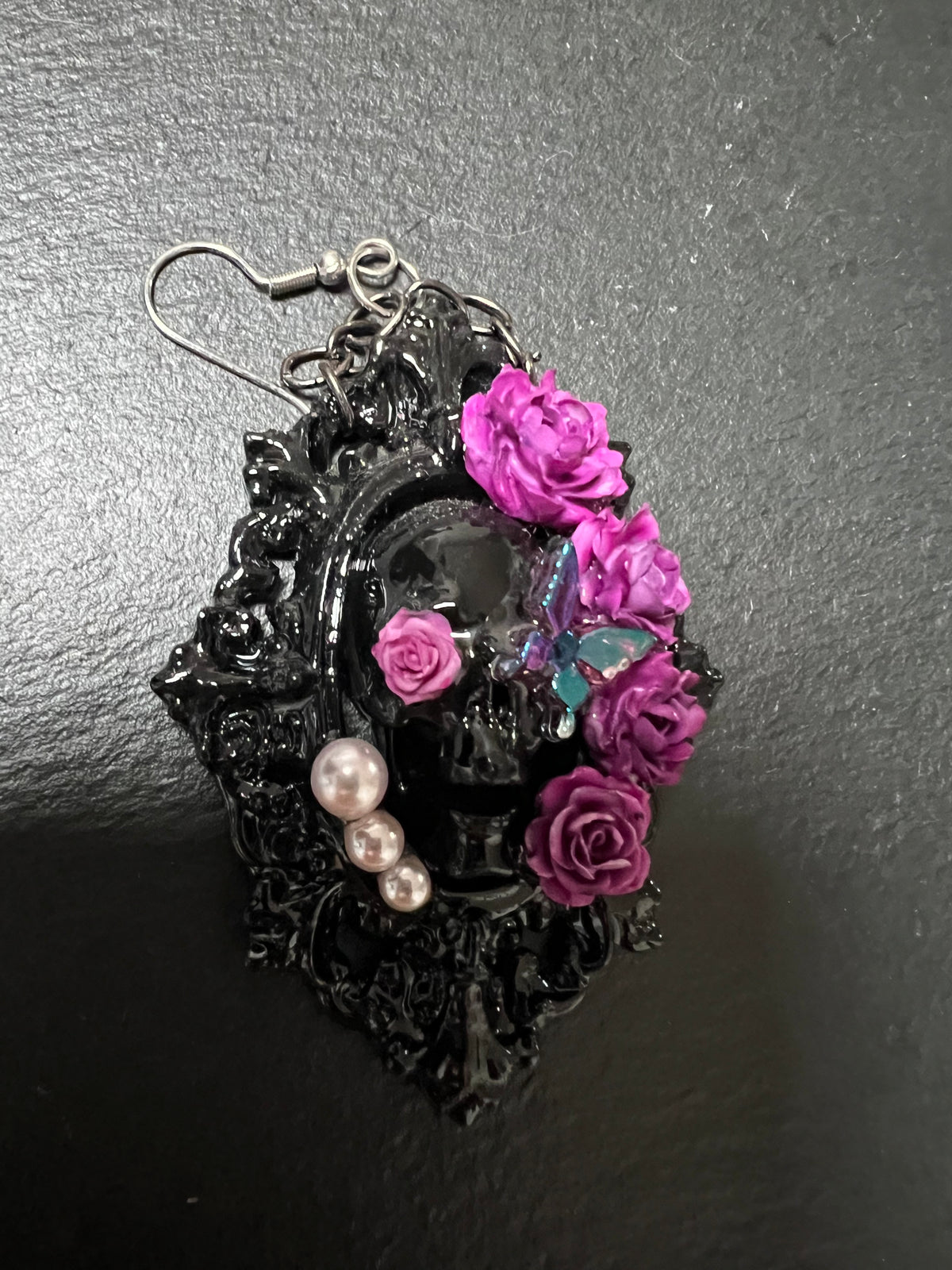 Gothic Baroque Frame Dangle Earrings | Skull Purple Rose Butterfly Pearl Statement Earrings