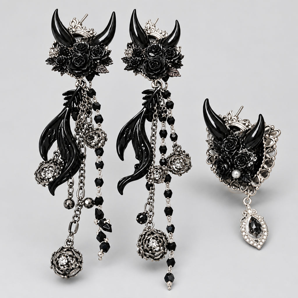 Black Atlantis Earrings mermaid earrings+ Ring Punk Dark Alt Earrings+Ring  Handmade jewelry Personality Bold Fashion Handmade with love