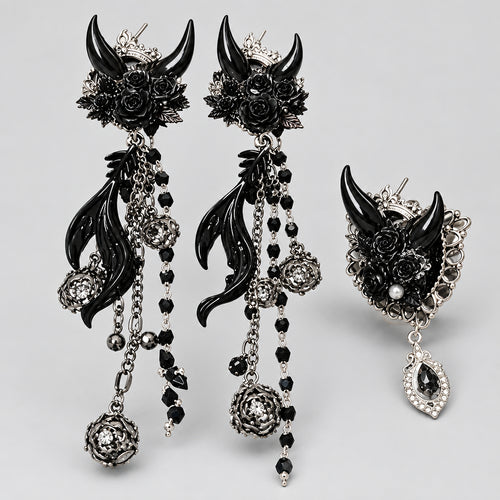 Black Atlantis Earrings mermaid earrings+ Ring Punk Dark Alt Earrings+Ring  Handmade jewelry Personality Bold Fashion Handmade with love