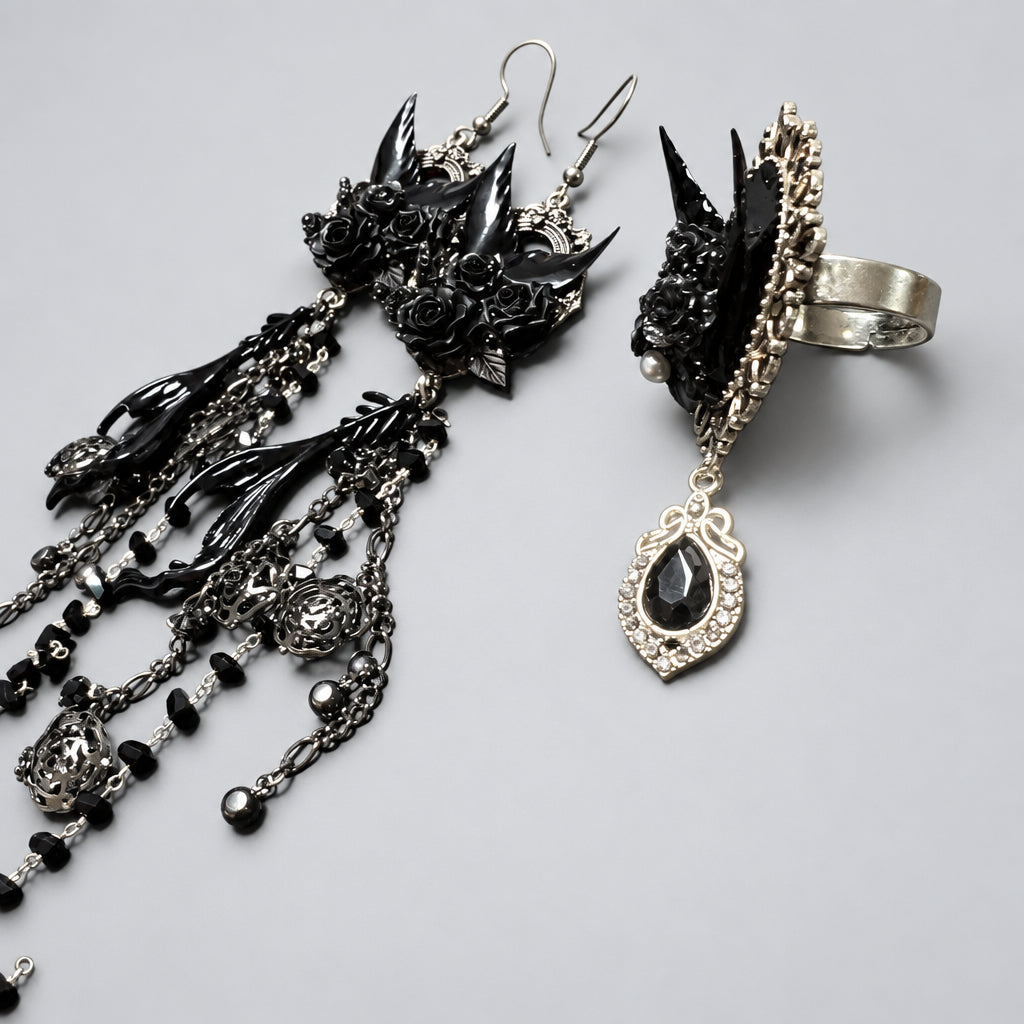 Black Atlantis Earrings mermaid earrings+ Ring Punk Dark Alt Earrings+Ring  Handmade jewelry Personality Bold Fashion Handmade with love