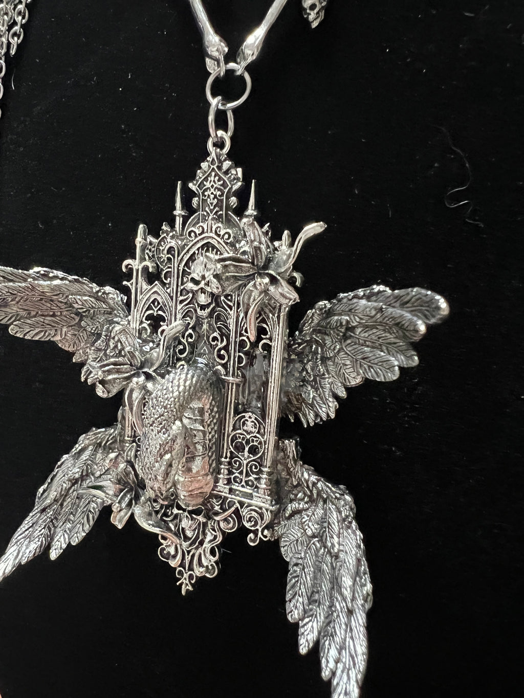 Gothic Cathedral Shrine Statement Necklace | Angel Wings Snake Skull Bone Chain Tassel Necklace