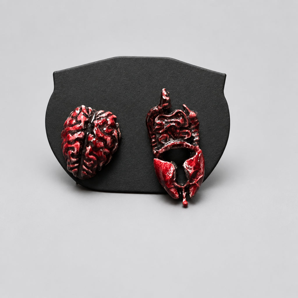 Handmade Gothic Asymmetrical Anatomical Brain & Heart Stud Earrings, Red Macabre Medical Horror Alternative Statement Ear Jewelry