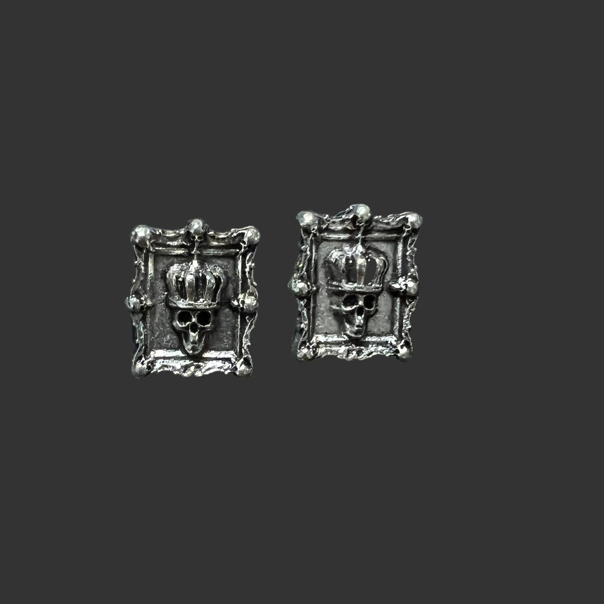 Handmade Gothic Framed Crown Skull Stud Earrings, Antique Silver Vintage Portrait Frame Skeleton Earrings, Dark Royal Punk Alternative Ear Jewelry