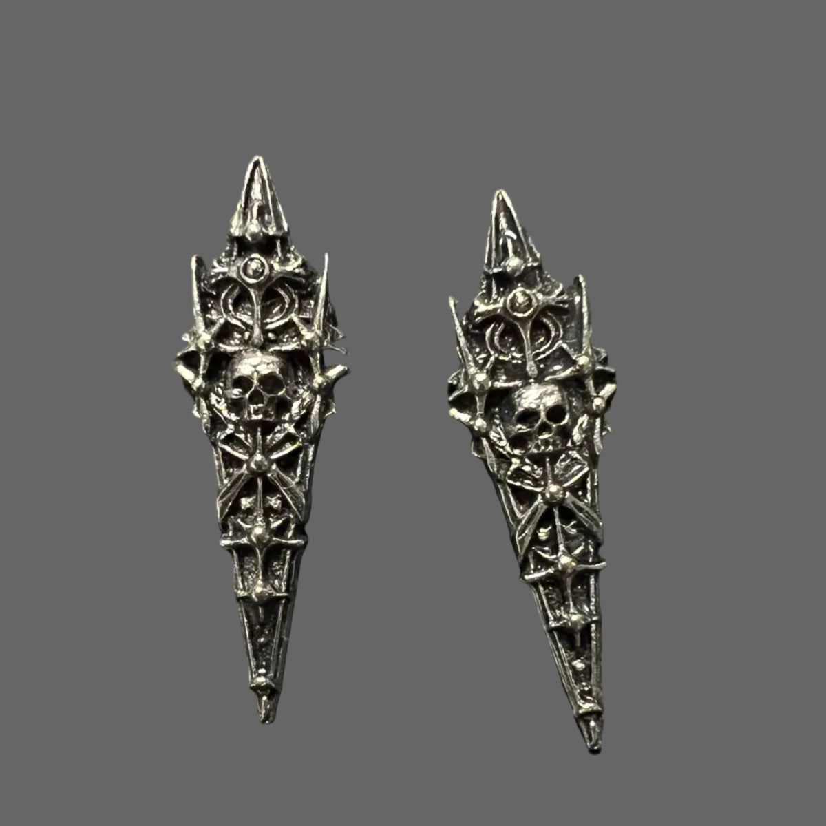 Handmade Gothic Spiked Thorn Skull Stud Earrings, Antique Silver Ornate Pointed Cross Skeleton Earrings, Dark Punk Alternative Statement Ear Jewelry