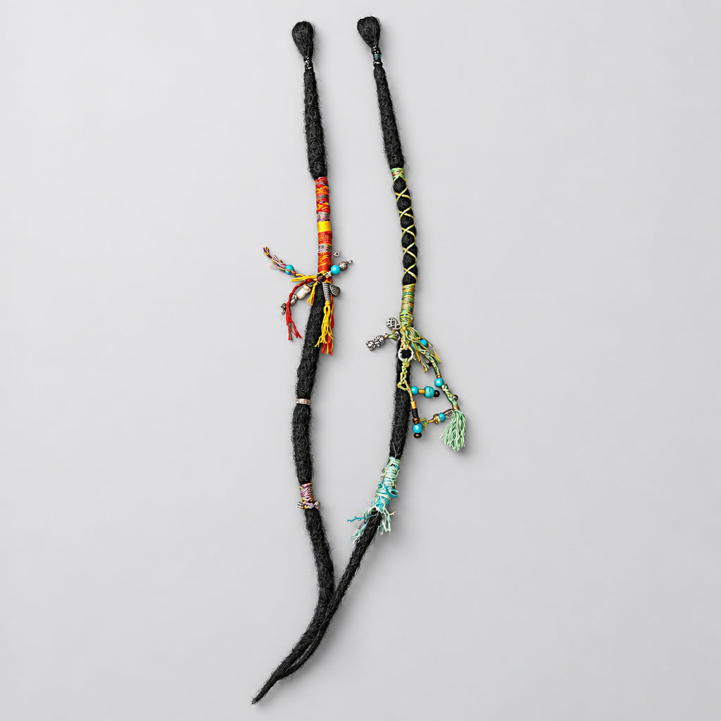 Handmade Mismatched Decorated Dreadlock Pair | Boho Goth Dreads with Beads, Thread & Tassel Charms