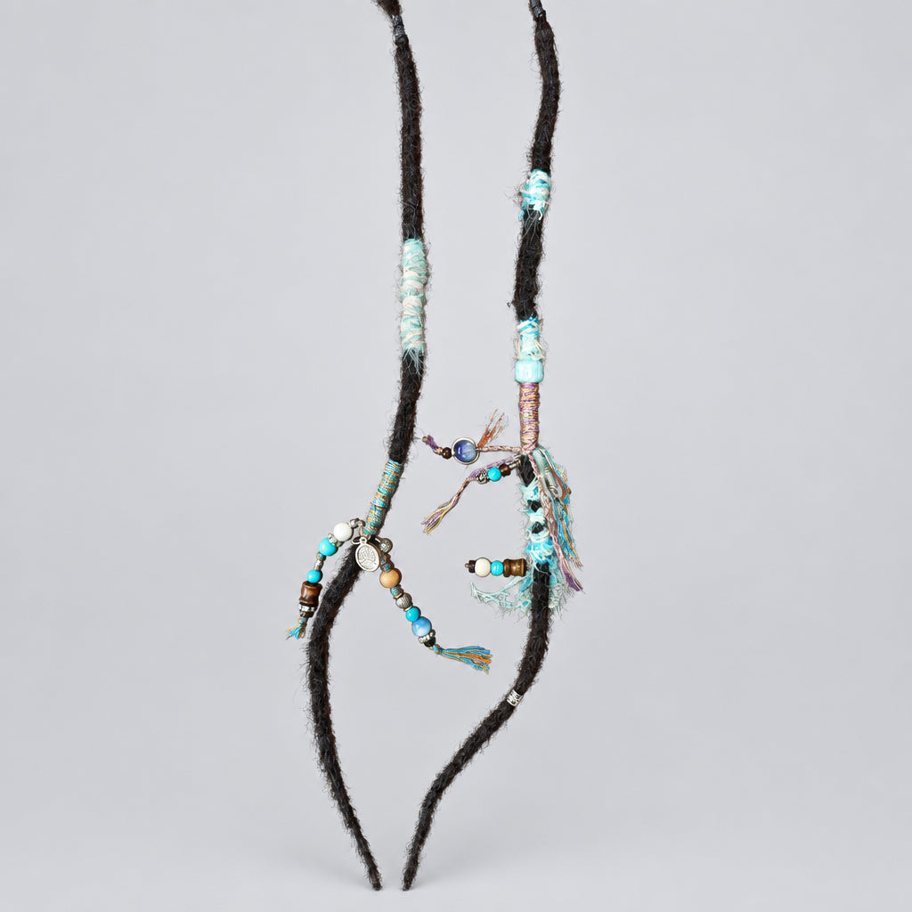 Handmade Mismatched Turquoise Dreadlock Pair | Boho Goth Dreads with Beads, Tassels & Metal Charms