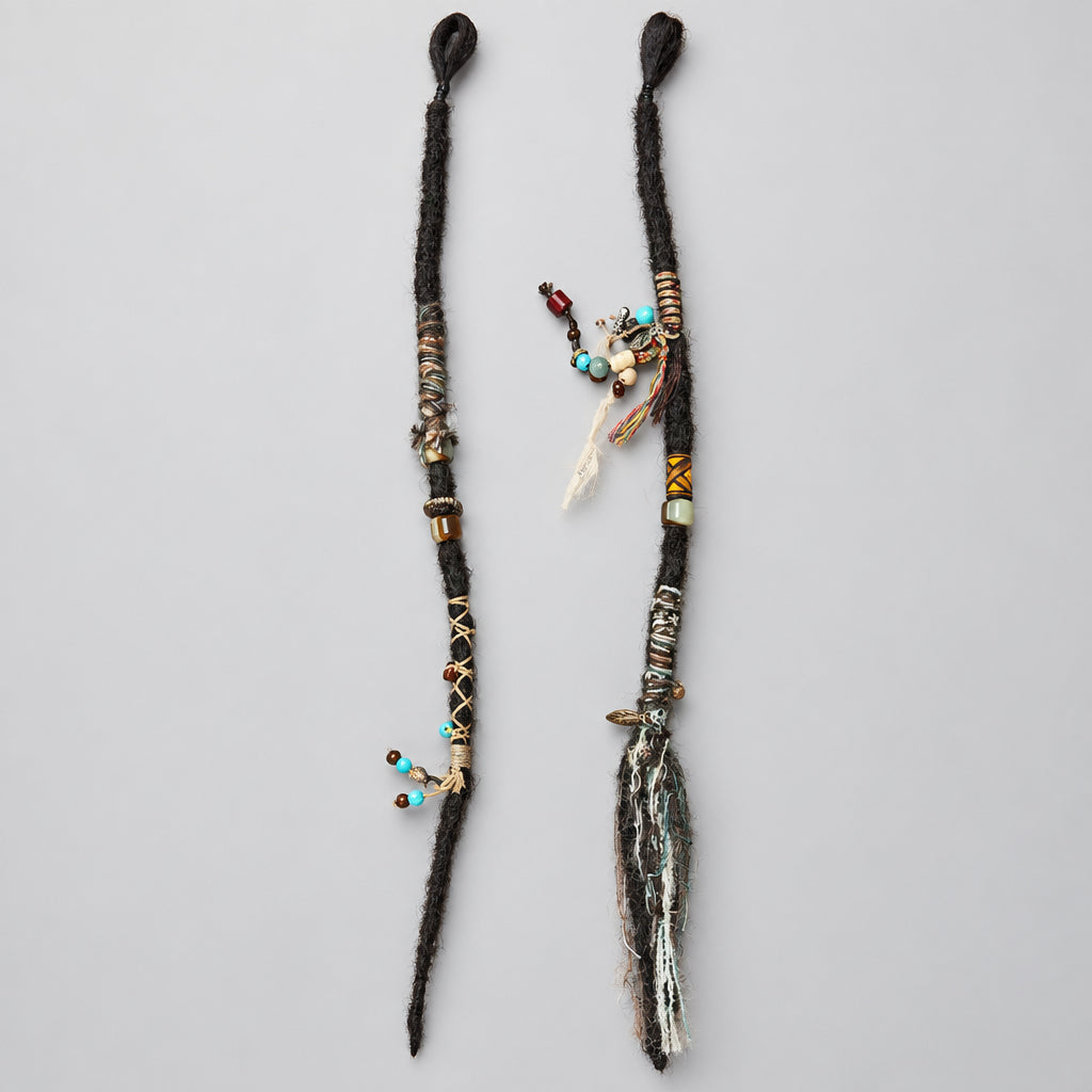 Handmade Mismatched Tribal Dreadlock Pair | Boho Goth Dreads with Wooden Beads, Tassels & Metal Charms
