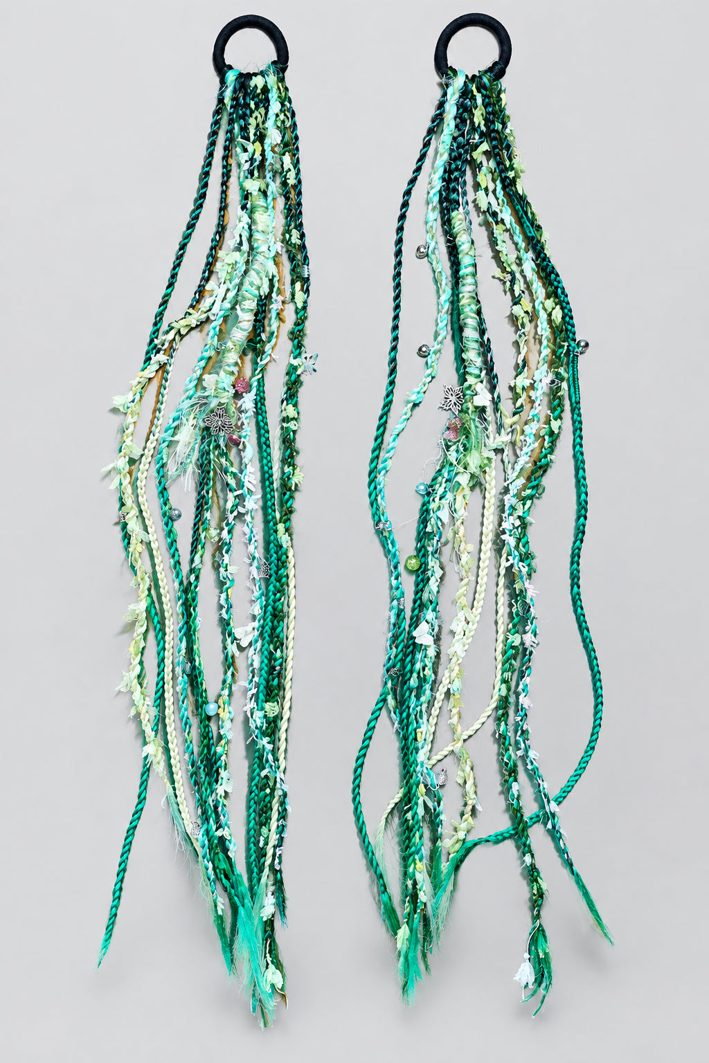 Handmade Forest Green Braided Dread Ponytail Extensions | Boho Fairy Hair Ties with Beads & Charms
